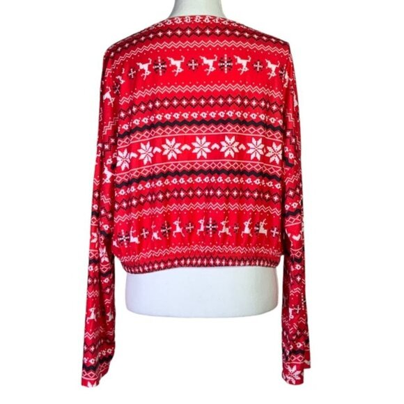 Christmas Crop Top Holiday Tee Blouse Shirt Long Sleeve Stretchy Red White 1XL - Picture 7 of 16